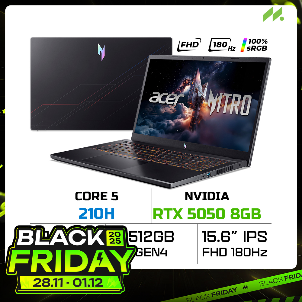 Laptop Acer Nitro V 15 ProPanel ANV15-52-59RR NH.QZ9SV.005 (Core 5 210H, RTX 5050 8GB, RAM 16GB DDR4, SSD 512GB, 15.6 Inch IPS FHD 180Hz 100%sRGB)