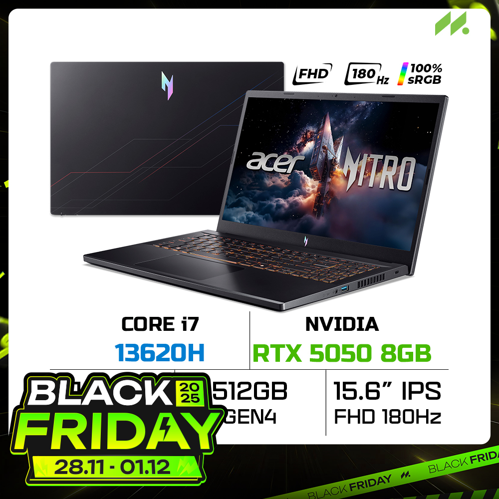 Laptop Acer Nitro V 15 ProPanel ANV15-52-72BM NH.QZ9SV.004 (i7-13620H, RTX 5050 8GB, RAM 16GB DDR4, SSD 512GB, 15.6 Inch IPS FHD 180Hz 100%sRGB)