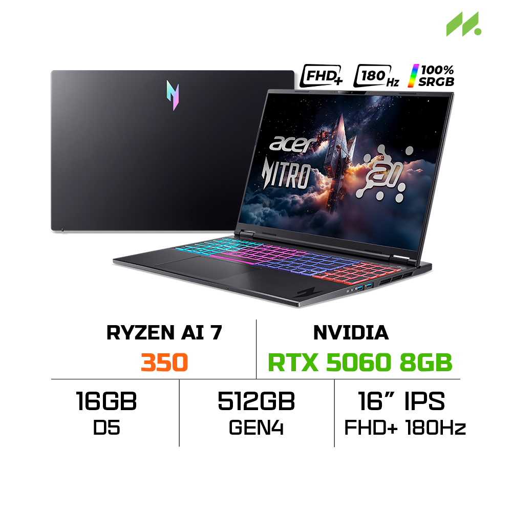 Laptop Acer Nitro 16 AI ProPanel NH.QXFSV.001 AN16S-61-R5F4 (Ryzen AI 7 350, RTX 5060 8GB, RAM 16GB DDR5, SSD 512GB, 16 Inch IPS FHD+ 180Hz 100%sRGB)