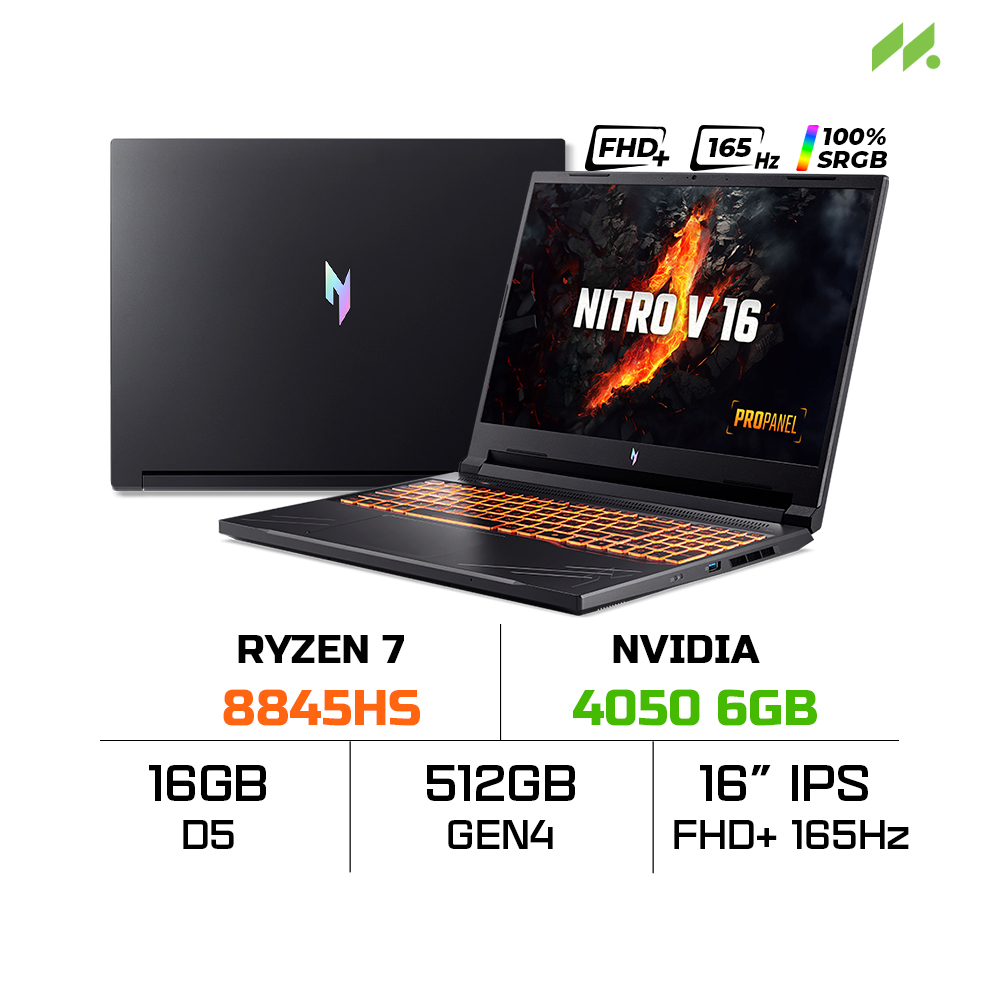 Laptop Gaming Acer Nitro V 16 ProPanel ANV16-41-R36Y (Ryzen 7 8845HS, RTX 4050 6GB, RAM 16GB DDR5, SSD 512GB, 16 Inch IPS 165Hz 100%sRGB)