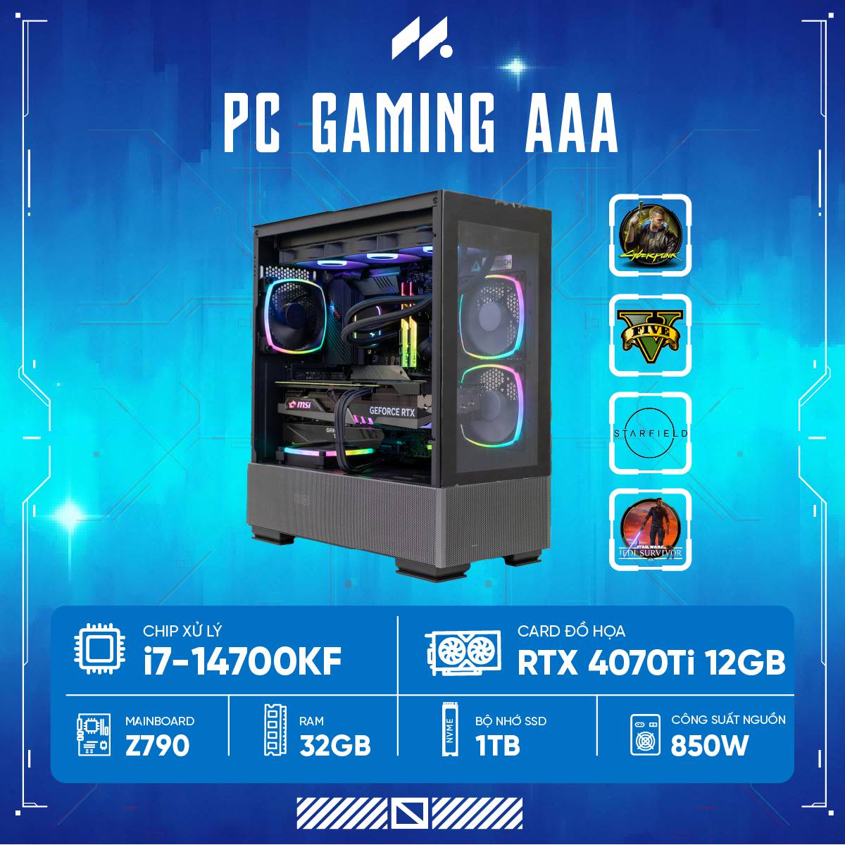 PC GAMING-AAA I7-4070Ti (i7-14700KF, RTX 4070Ti OC 12GB, Ram 32GB, SSD 1TB, 850W)