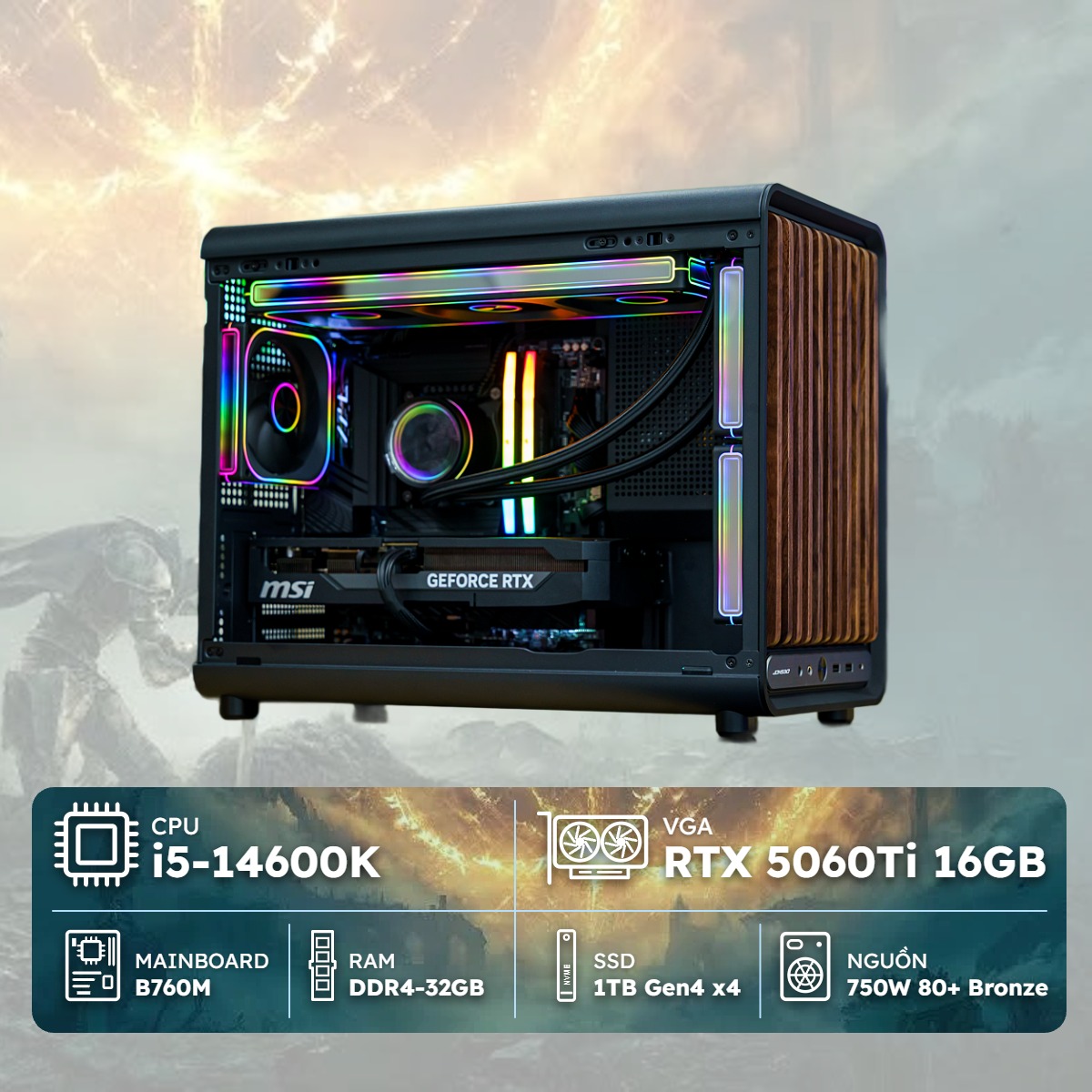 PC Siêu Tốc i5K-5060Ti (i5-14600K, RTX 5060Ti 16GB, RAM DDR4 32GB, SSD 1TB, 750W)