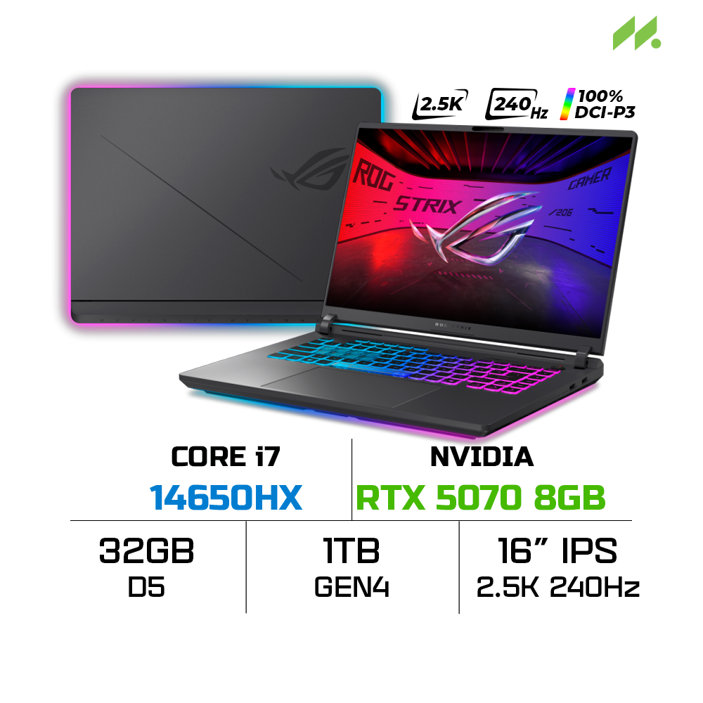 Laptop ASUS ROG Strix G16 G615JPR-S5107W (i7-14650HX, RTX 5070 8GB, RAM 32GB DDR5, SSD 1TB, 16 Inch IPS 2.5K 240Hz 100% DCI-P3, Win 11 Home)
