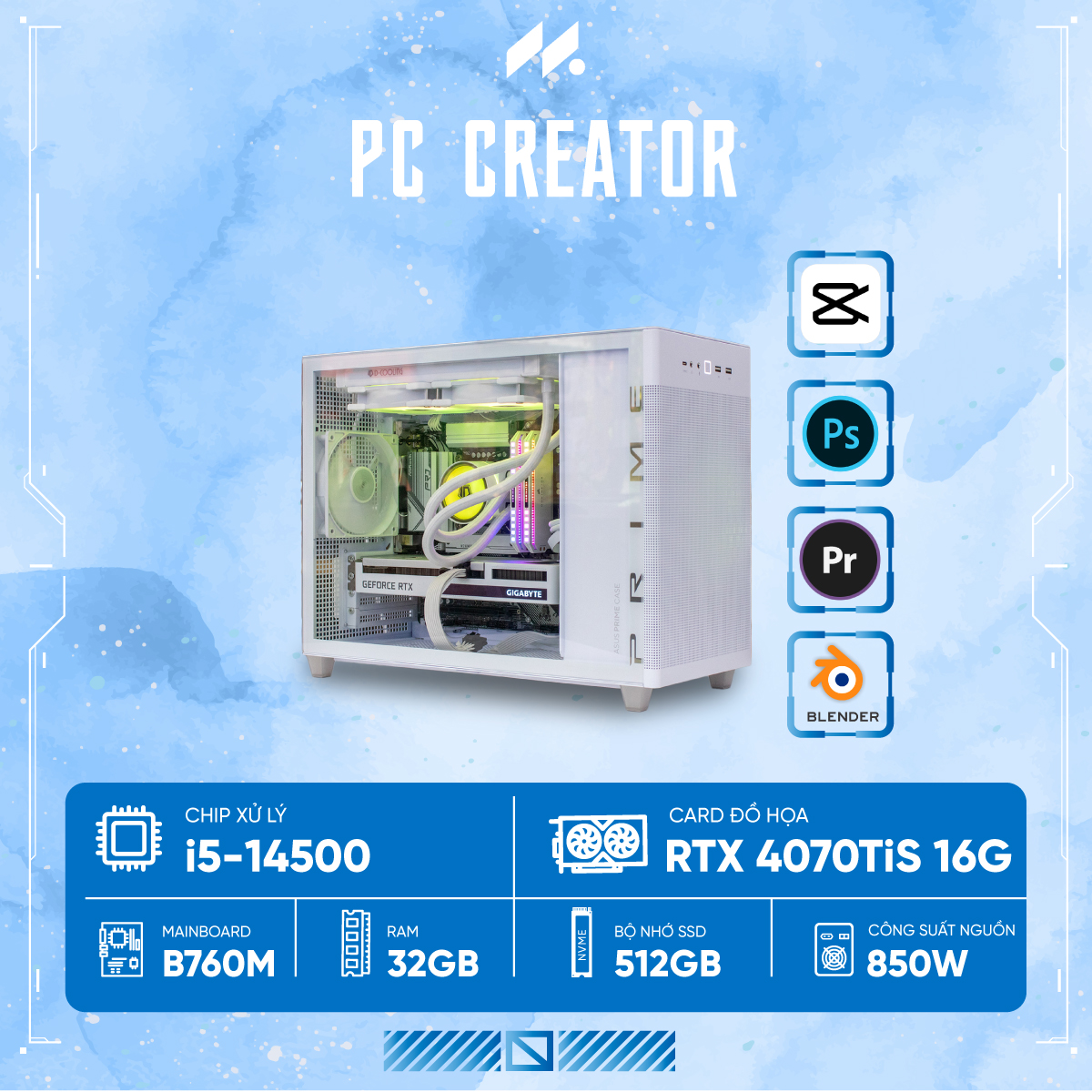 PC CREATOR i5-5070 White (i5-14600KF, RTX 5070 12GB, Ram 32GB, SSD 512GB, 850W)