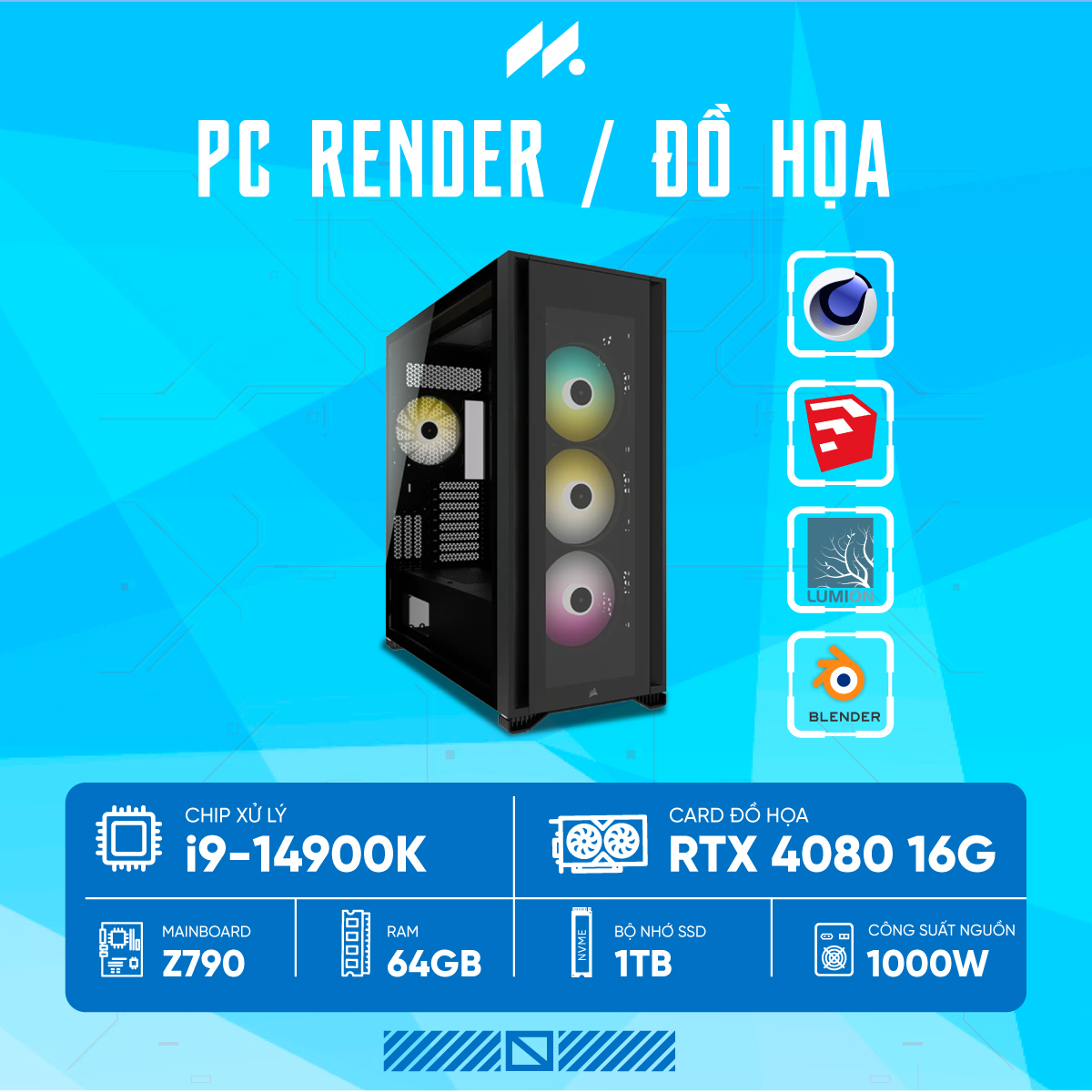 PC Render i9 G14-4080 (i9-14900K, RTX 4080 OC 16GB, Ram 64GB DDR5, SSD 1TB, 1000W)