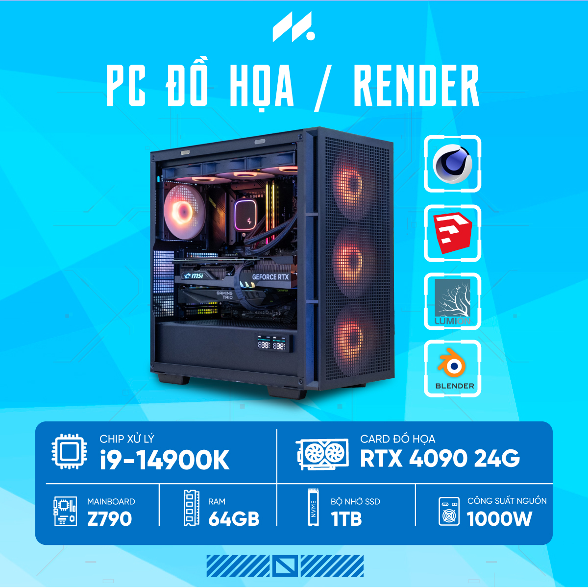 PC RENDER i9-4090 (i9-14900K, RTX 4090 OC 24GB, Ram 64GB DDR5, SSD 1TB, 1200W)