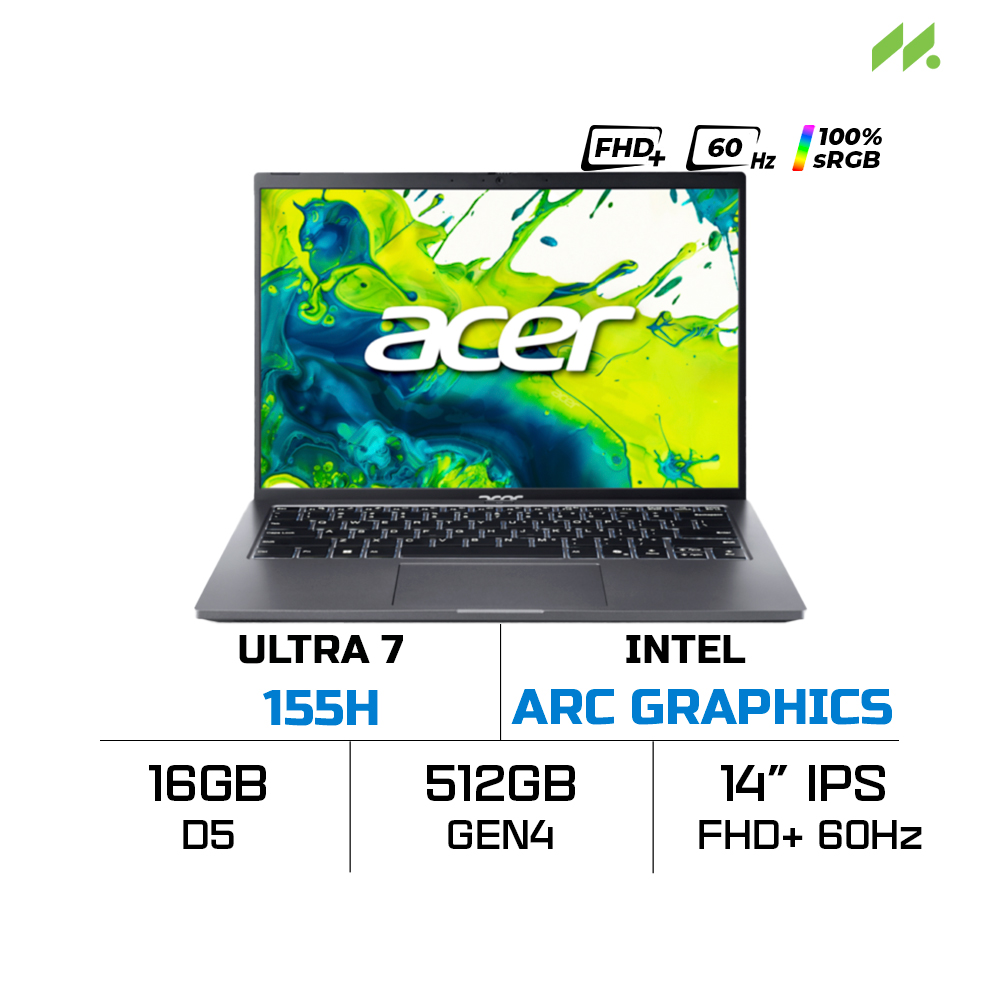 Laptop Acer Aspire Go AG14-71M-7681 NX.JFWSV.002 (Ultra 7 155H, Arc Graphics, RAM 16GB DDR5, SSD 512GB, 14 Inch IPS FHD+ 60Hz 100% sRGB)