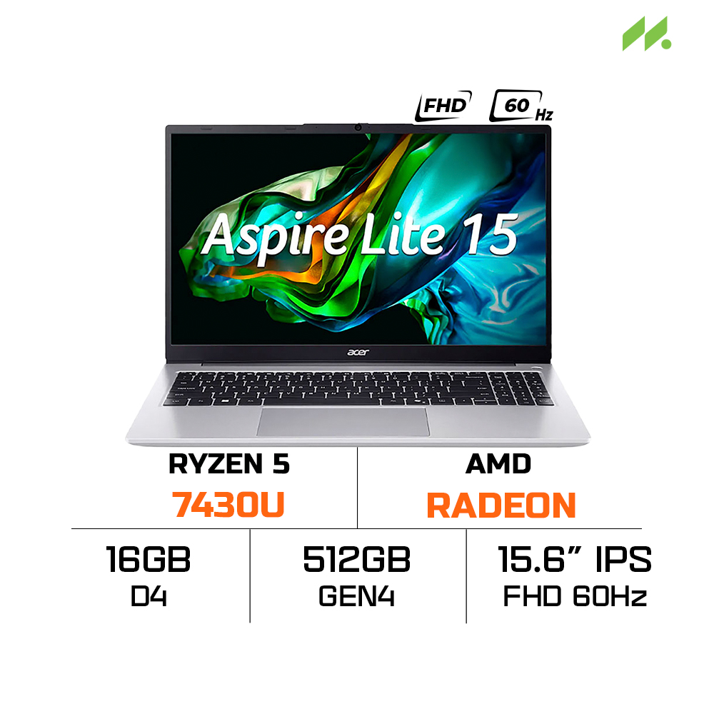 Laptop Acer Aspire Lite AL15-42P-R8E6 NX.D34SV.001 (Ryzen 5 7430U, Radeon Graphics, Ram 16GB DDR4, SSD 512GB, 15.6 Inch IPS FHD 60Hz, Win 11/Office HS 24)