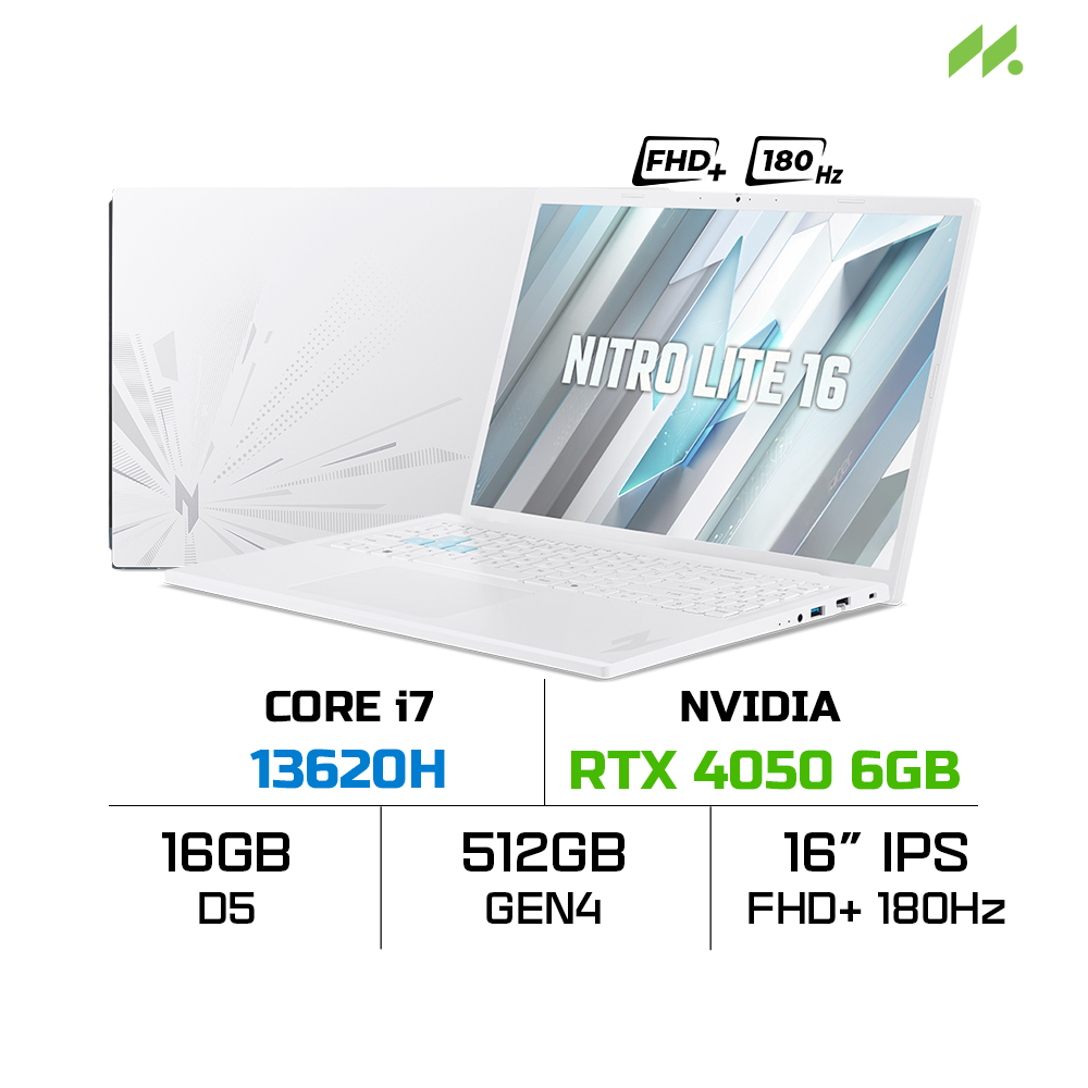 Laptop Acer Nitro Lite NL16-71G-71FN NH.D5ASV.003 (i7-13620H, RTX 4050 6GB, Ram 16GB DDR5, SSD 512GB, 16 Inch IPS FHD+ 180Hz )