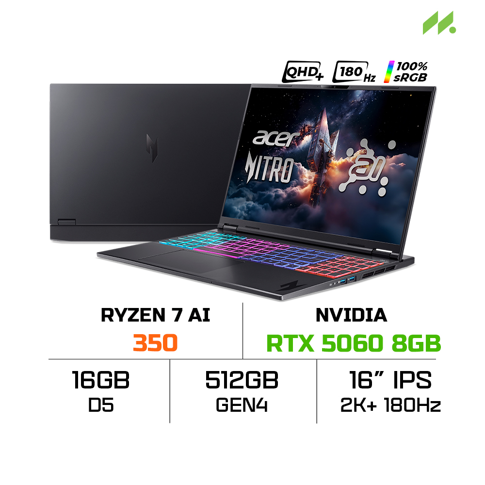 Laptop Acer Nitro S AI ProPanel AN16S-61-R7ZJ NH.QXFSV.002 (Ryzen 7 AI 350, RTX 5060 8GB, RAM 16GB DDR5, SSD 512GB, 16 Inch IPS WQXGA 180Hz 100%sRGB, Win 11)