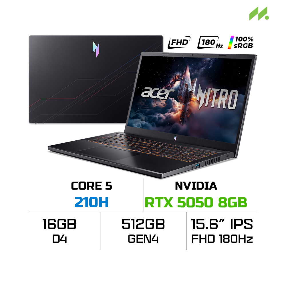 Laptop Acer Nitro V 15 ProPanel ANV15-52-59RR NH.QZ9SV.005 (Core 5 210H, RTX 5050 8GB, RAM 16GB DDR4, SSD 512GB, 15.6 Inch IPS FHD 180Hz 100%sRGB)
