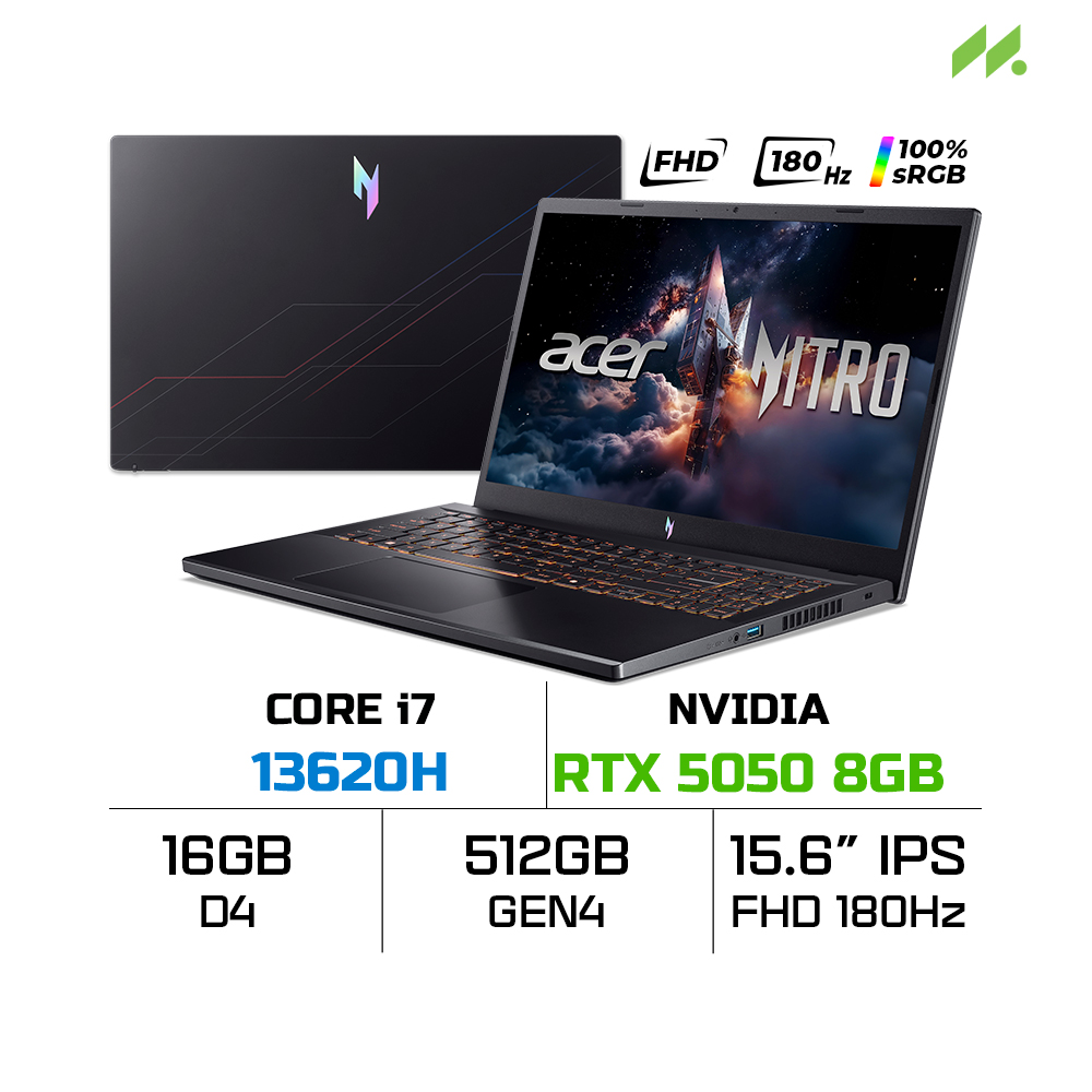 Laptop Acer Nitro V 15 ProPanel ANV15-52-72BM NH.QZ9SV.004 (i7-13620H, RTX 5050 8GB, RAM 16GB DDR4, SSD 512GB, 15.6 Inch IPS FHD 180Hz 100%sRGB)