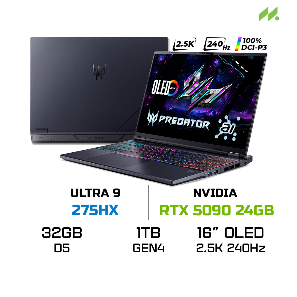 Laptop Acer Predator Helios 16 PH16-73-950C NH.QW0SV.001 (Ultra 9 275HX, RTX 5090 24GB, RAM 32GB DDR5, SSD 1TB, 16 Inch 2.5K OLED 240Hz DCI-P3 100%)