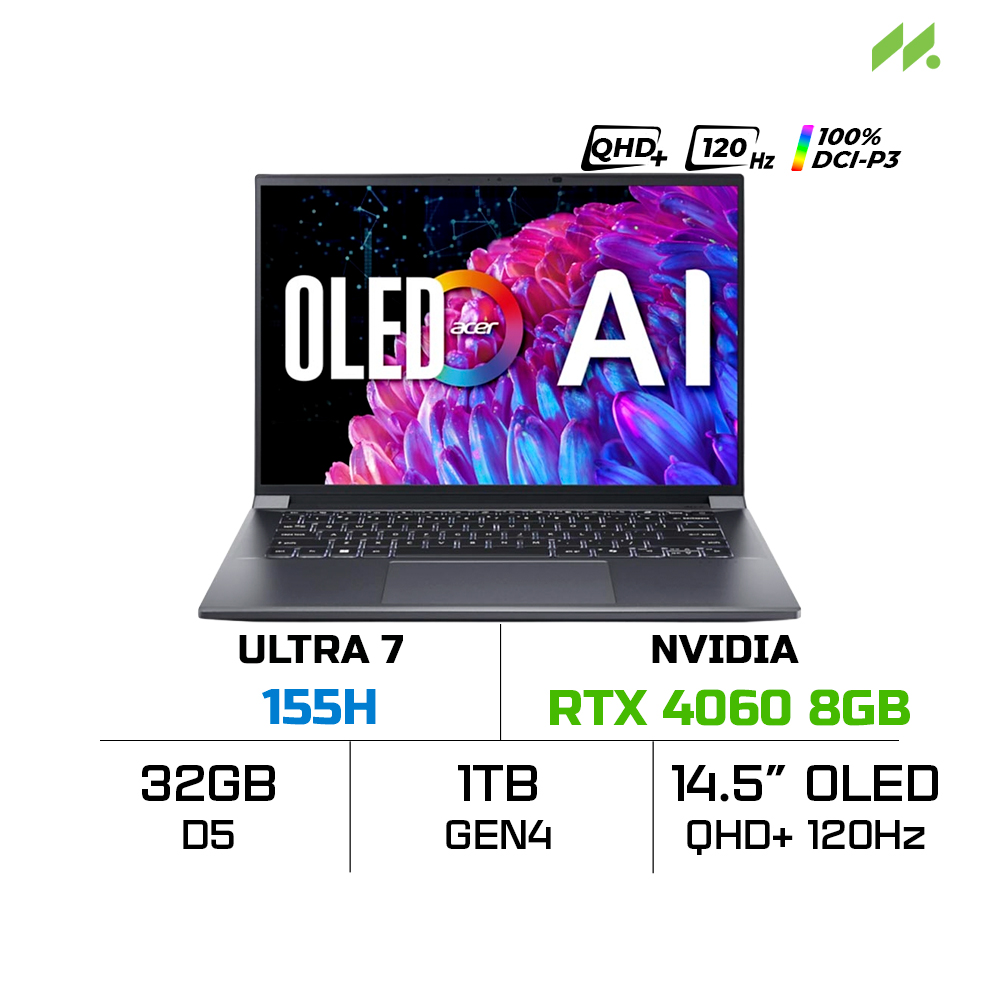 Laptop Acer Swift X 14 AI SFX14-72G-708X (Ultra 7 155H, RTX 4060 8GB, RAM 32GB DDR5, SSD 1TB, 14.5 Inch OLED WQXGA+ 120Hz DCI-P3 100%)