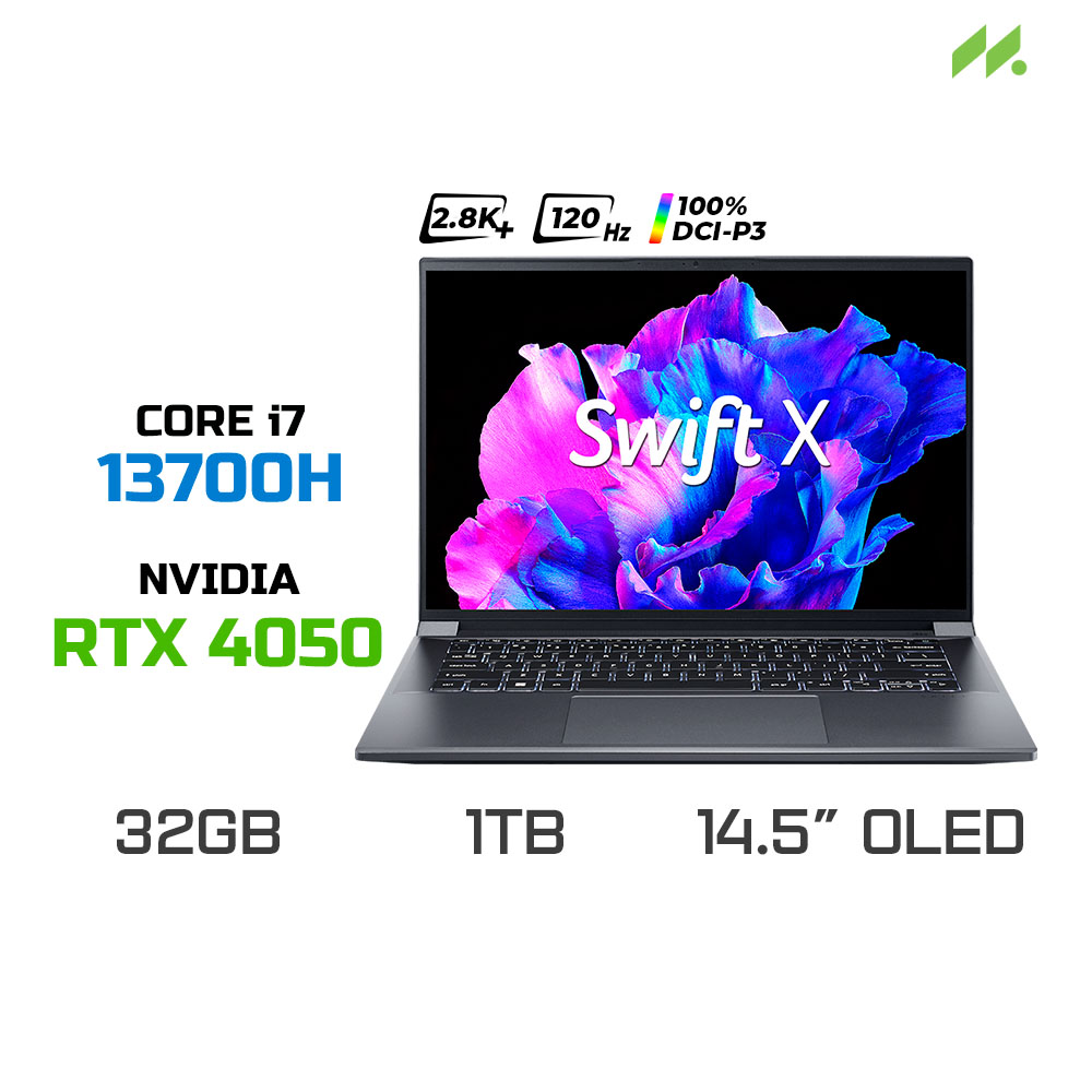 Laptop Acer Swift X 14 OLED SFX14-71G-78SY (i7-13700H, RTX 4050 6GB, RAM 32GB LPDDR5, SSD 1TB, 14.5 Inch OLED 2.8K 120Hz 100% DCI-P3, Win 11)