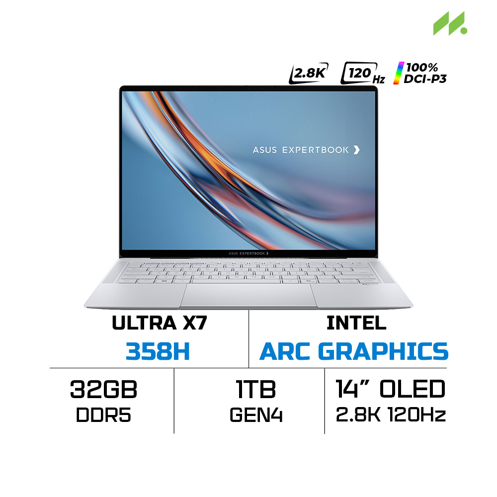 Laptop ASUS ExpertBook B9 B9406CAA-X7321TW (Ultra X7 358H, Intel Arc Graphics, RAM 32GB LPDDR5X, SSD 1TB, 14 Inch OLED WQXGA+ 120Hz 100% DCI-P3, Win 11 Home)