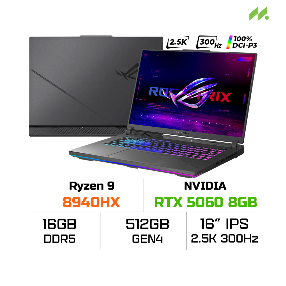 Laptop ASUS ROG Strix G16 G614PM-TS147W (Ryzen 9 8940HX, RTX 5060 8GB, RAM 16GB DDR5, SSD 512GB, 16 Inch IPS 2.5K 300Hz 100% DCI-P3, Win 11 Home)