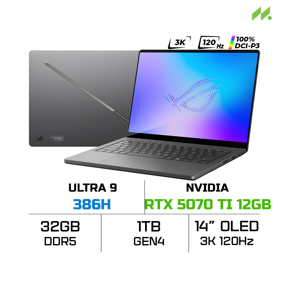 Laptop ASUS ROG Zephyrus G14 GU405AR-SY016W (Ultra 9 386H, RTX 5070 Ti 12GB, RAM 32GB LPDDR5X, SSD 1TB, 14 Inch OLED 3K 120Hz 100% DCI-P3, Win 11 Home)