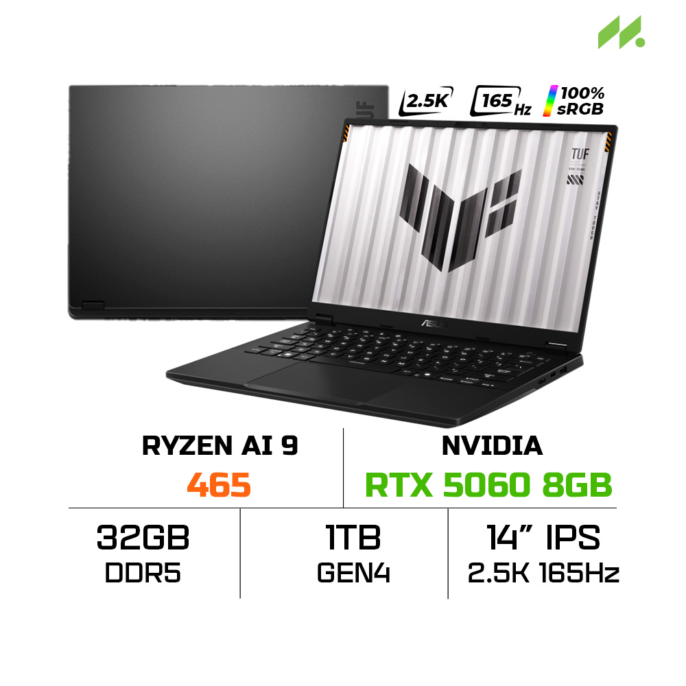 Laptop ASUS TUF Gaming A14 FA401GM-RG013W (Ryzen AI 9 465, RTX 5060 8GB, RAM 32GB LPDDR5X, SSD 1TB, 14 Inch IPS 2.5K 165Hz 100% sRGB, Win 11 Home)