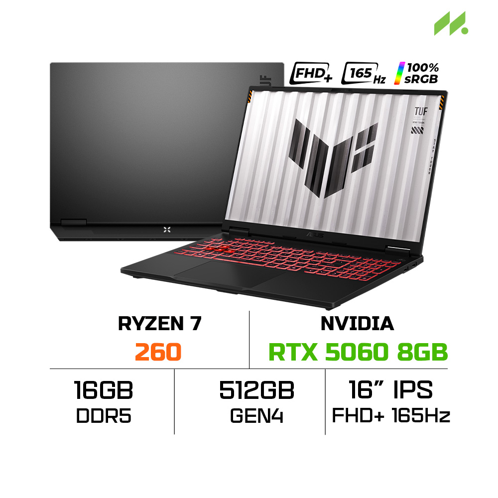 Laptop ASUS TUF Gaming A16 FA608UM-RV266W (Ryzen 7 260, RTX 5060 8GB, RAM 16GB DDR5, SSD 512GB, 16 Inch IPS FHD+ 165Hz 100% sRGB, Win 11 Home)
