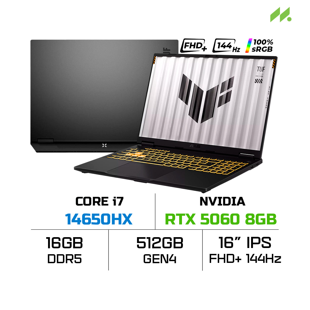 Laptop ASUS TUF Gaming F16 FX608JMI-TU241W (i7-14650HX, RTX 5060 8GB, RAM 16GB DDR5, SSD 512GB, 16 Inch IPS WUXGA 144Hz 100% sRGB, Win 11 Home)