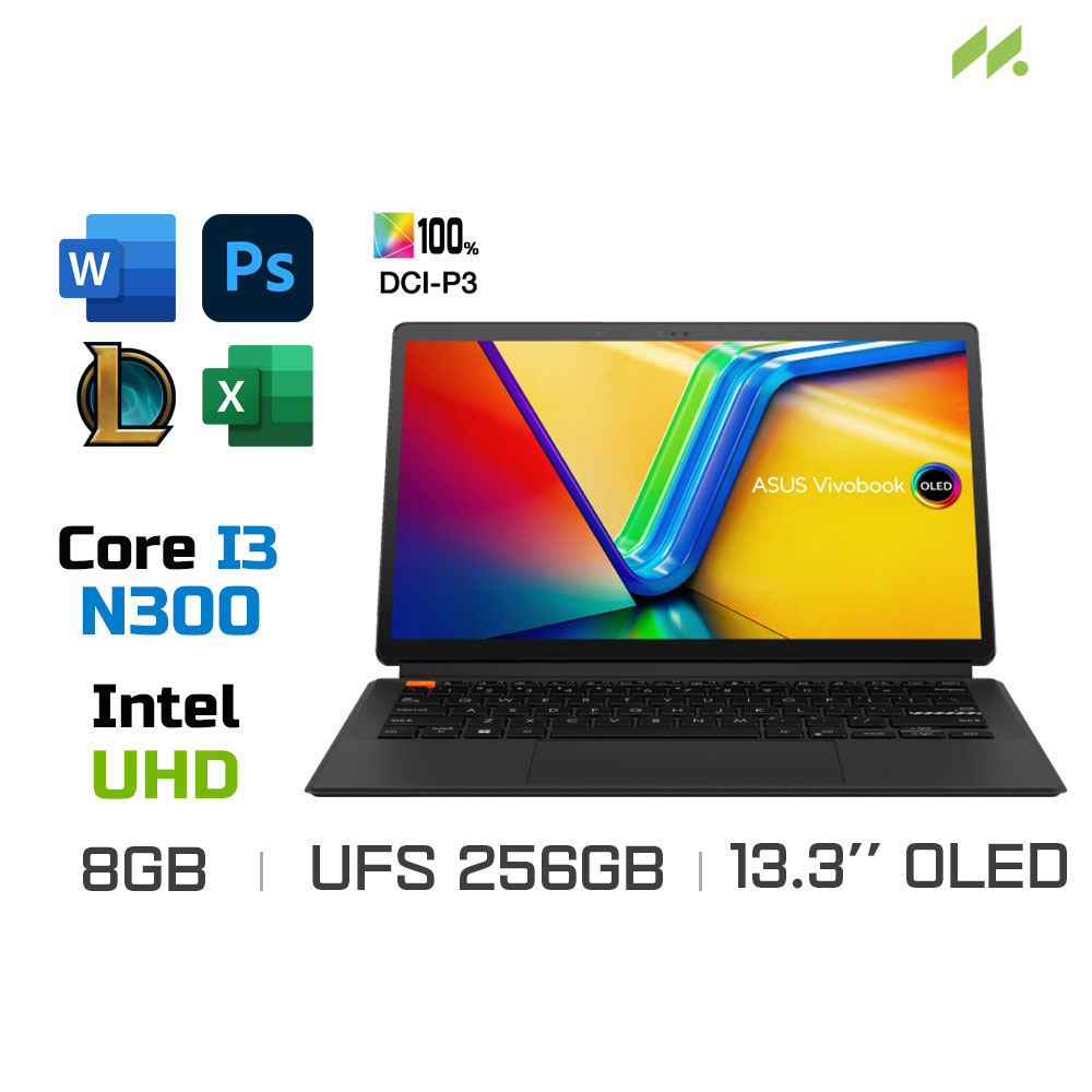 Laptop Asus Vivobook 13 Slate OLED T3304GA-LQ021WS (i3-N300, UHD Graphics, Ram 8GB LPDDR5, UFS 2.1 256GB, 13.3 Inch OLED FHD TouchScreen, Bút cảm ứng)