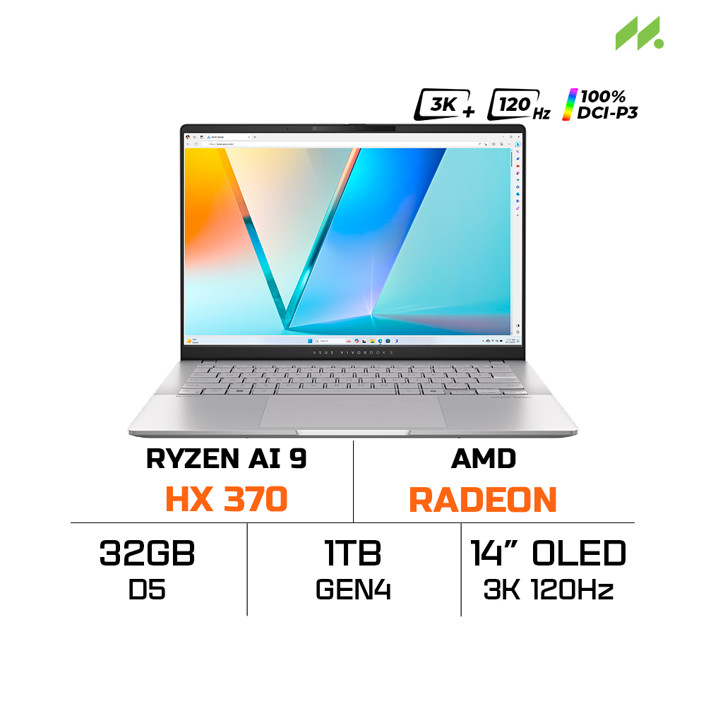 Laptop ASUS Vivobook S 14 M5406WA-PP071WS (Ryzen AI 9 HX 370, Radeon Graphics, RAM 32GB LPDDR5X, SSD 1TB, 14 Inch OLED 3K 120Hz 100% DCI-P3, Win 11/OFFICE 365)