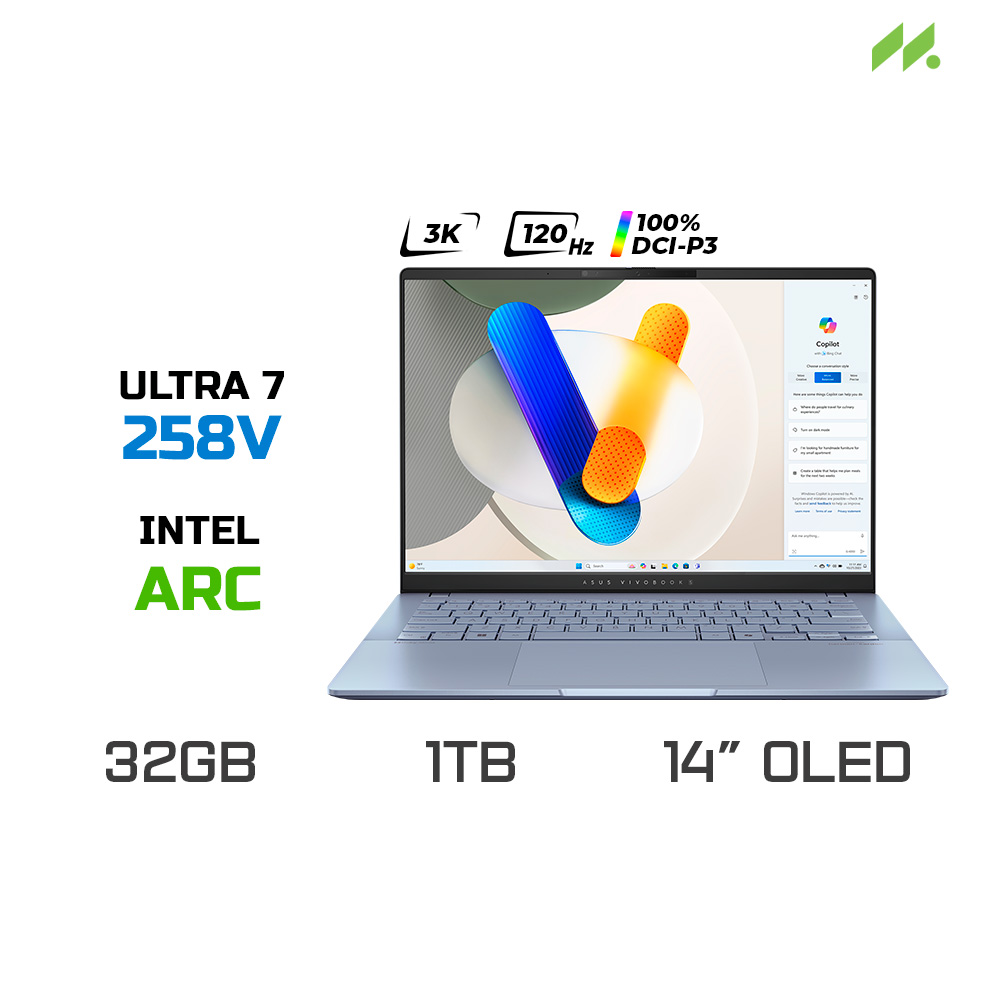Laptop ASUS Vivobook S 14 OLED S5406SA-PP059WS (Ultra 7 258V, Arc Graphics, RAM 32GB LPDDR5X, SSD 1TB, 14 Inch OLED 3K 120Hz 100% DCI-P3)