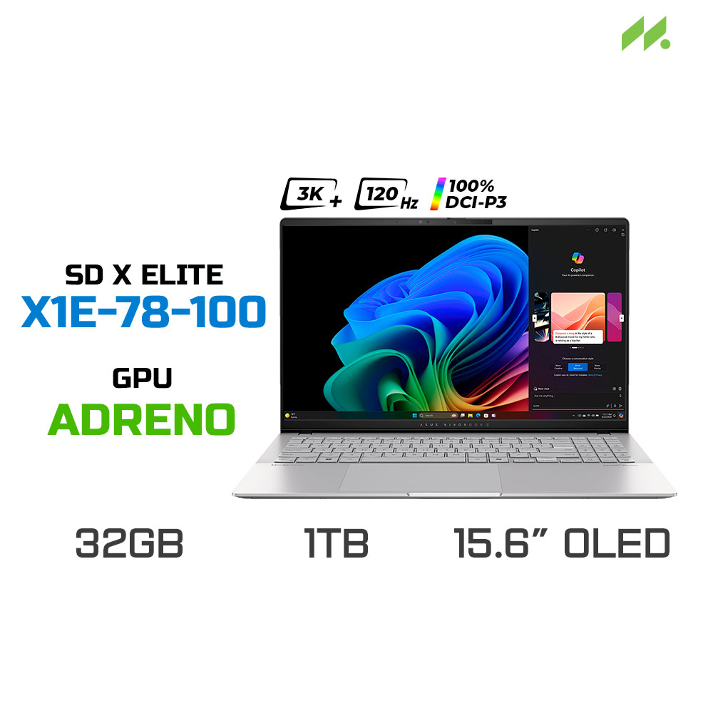 Laptop ASUS Vivobook S 15 OLED S5507QA-MA090WS (Snapdragon X Elite X1E-78-100, Adreno, RAM 32GB LPDDR5X, SSD 1TB, 15.6 Inch OLED 3K 120Hz 100% DCI-P3, Win 11/Office HS 21)