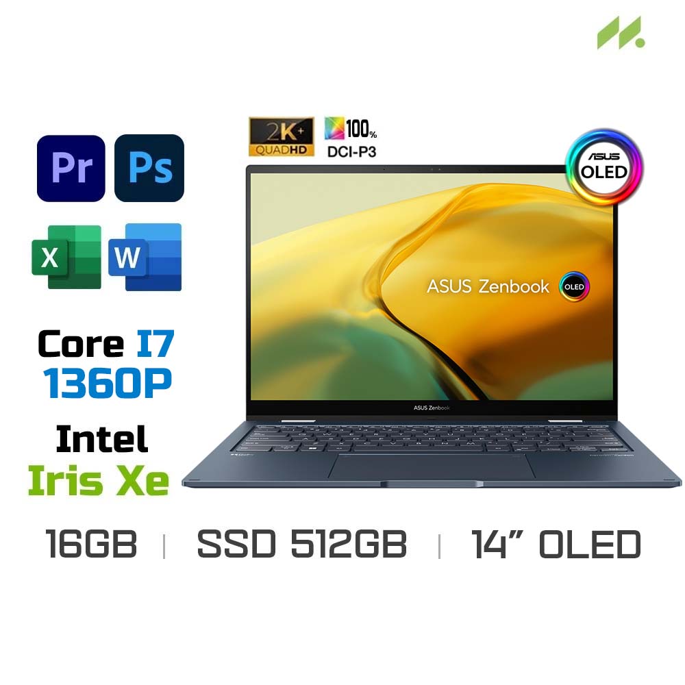 Laptop Asus Zenbook 14 Flip OLED UP3404VA-KN039W (i7-1360P, Iris Xe Graphics, Ram 16GB DDR5, SSD 512GB, 14 Inch OLED 2.8K TouchScreen, Bút cảm ứng)