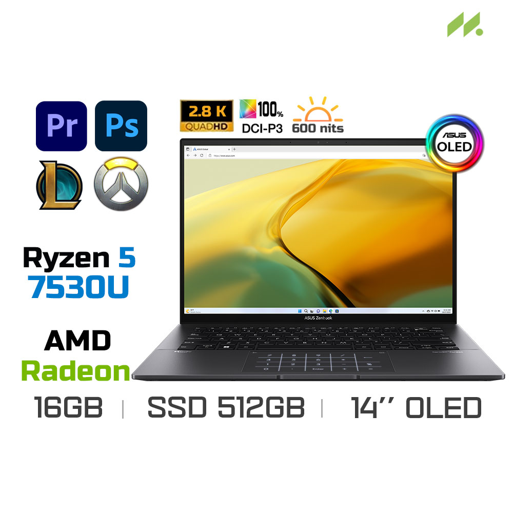 Laptop Asus Zenbook 14 OLED UM3402YA-KM405W (Ryzen 5 7530U, Radeon Graphics, Ram 16GB LPDDR4X, SSD 512GB, 14 Inch OLED 2.8K)