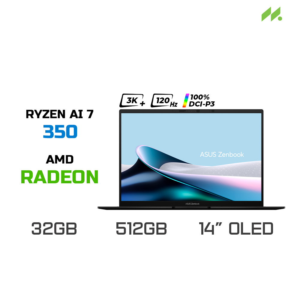 Laptop Asus Zenbook 14 OLED UM3406KA-PP555WS (Ryzen AI 7 350, Radeon Graphics, Ram 32GB LPDDR5X, SSD 512GB, 14 Inch OLED 3K 120Hz 100% DCI-P3)
