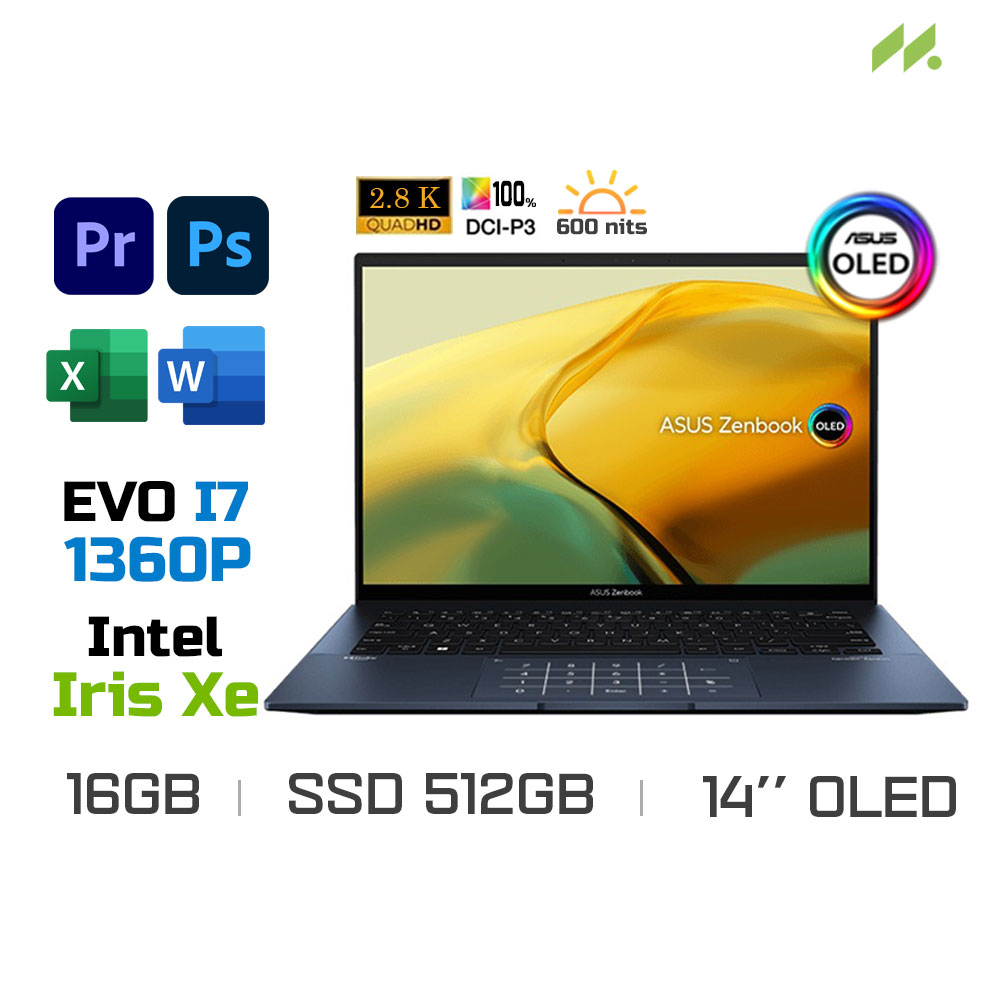 Laptop Asus Zenbook 14 OLED UX3402VA-KM068W (i7-1360P EVO, Iris Xe Graphics, Ram 16GB DDR5, SSD 512GB, 14 Inch OLED 2.8K)