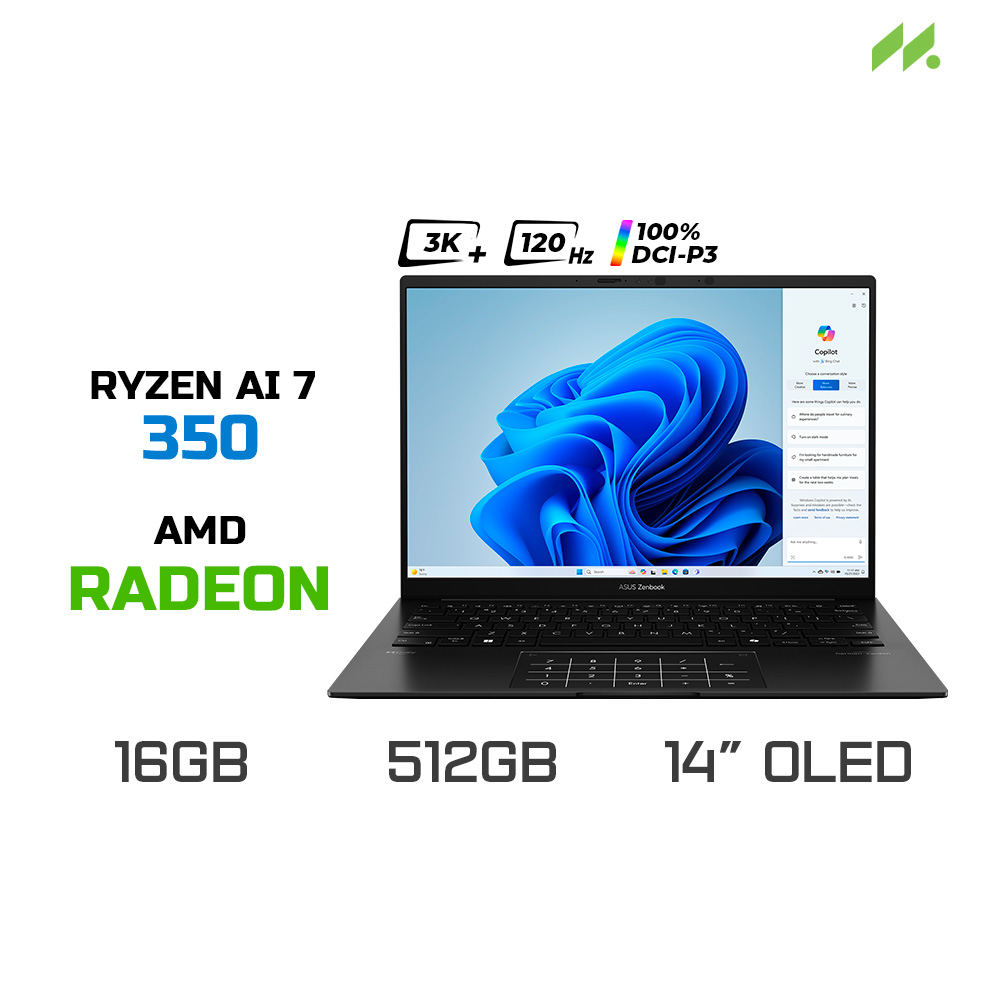 Laptop ASUS Zenbook 14 UM3406KA-PP113WS (Ryzen AI 7 350, Radeon Graphics, Ram 16GB LPDDR5X, SSD 512GB, 14 Inch OLED 3K 120Hz 100% DCI-P3, Win11/OFFICE2024)
