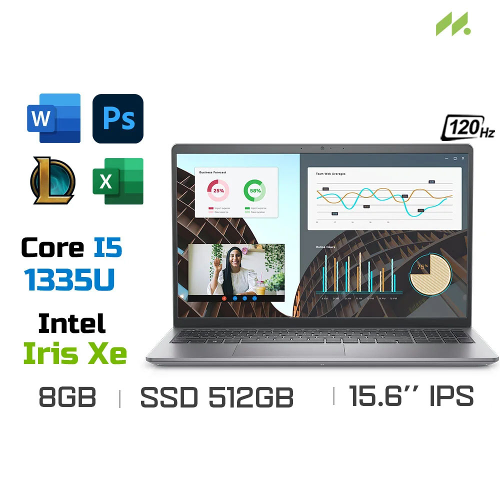 Laptop Dell Vostro 15 3530 80GG9 (i5-1335U, Iris Xe Graphics, Ram 8GB DDR4, SSD 512GB, 15.6 Inch FHD 120Hz, Win11/Office HS 21)