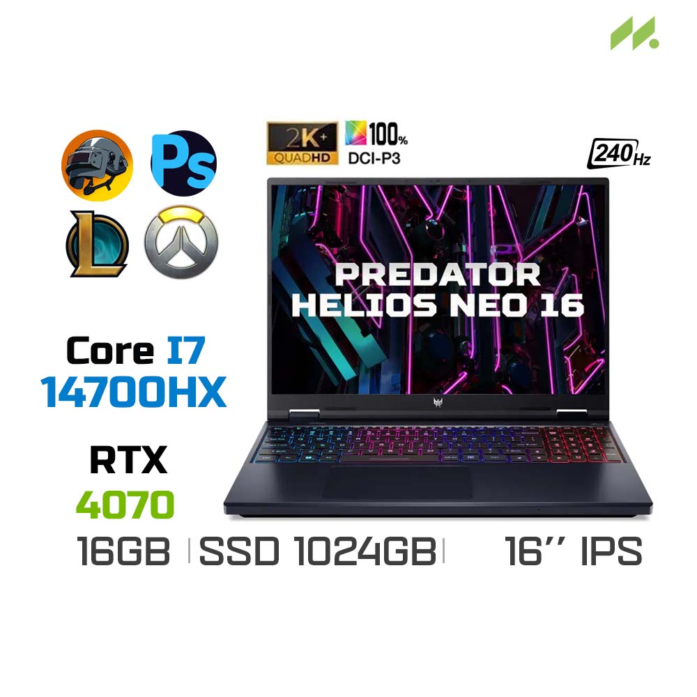 Laptop Gaming Acer Predator Helios Neo 16 PHN16-72-71UM (i7-14700HX, RTX 4070 8GB, Ram 16GB DDR5, SSD 1TB, 16 Inch IPS 240Hz WQXGA 100% DCI-P3)
