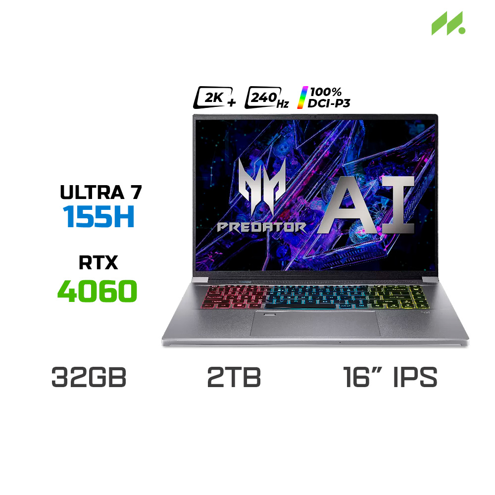 Laptop Gaming Acer Predator Triton Neo 16 PTN16-51-78JQ (Ultra 7 155H, RTX4060 8GB, RAM 32GB LPDDR5, SSD 2TB, 16 Inch IPS 240Hz WQXGA DCI-P3 100%)