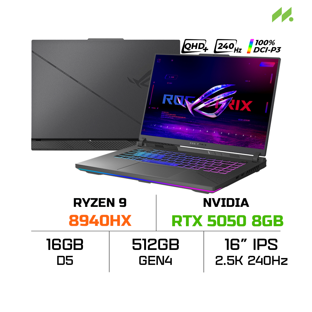Laptop Gaming Asus ROG Strix G16 G614PH-S5101W (Ryzen 9 8940HX, RTX 5050 8GB, Ram 16GB DDR5, SSD 512GB, 16 Inch IPS WQXGA 240Hz 100% DCI-P3, Win 11)