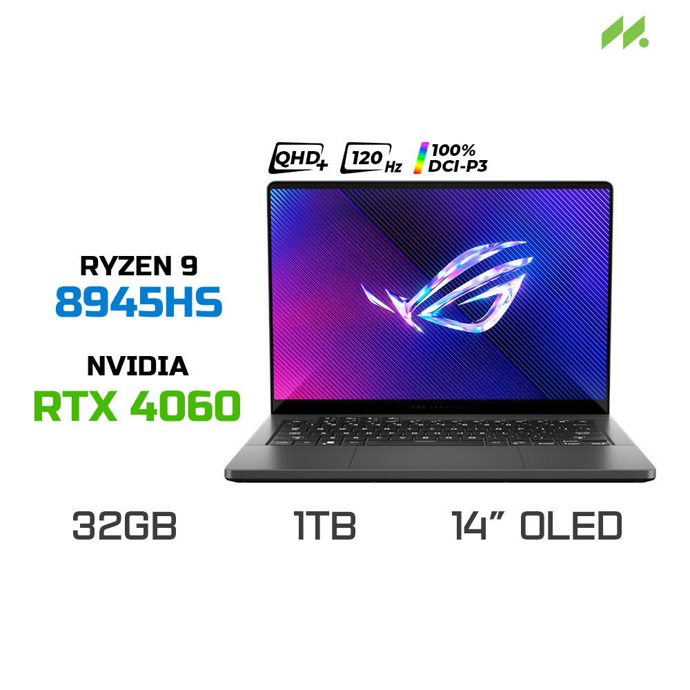 Laptop Gaming Asus ROG Zephyrus G14 GA403UV-QS091W (Ryzen 9 8945HS, RTX 4060 8GB, Ram 32GB LPDDR5X, SSD 1TB, 14 Inch OLED 3K 120Hz 100% DCI-P3)