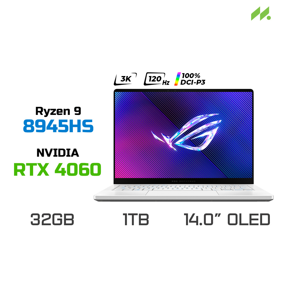 Laptop Gaming ASUS ROG Zephyrus G14 GA403UV-QS170W (R9-8945HS, RTX 4060 8GB, RAM 32GB LPDDR5X, SSD 1TB, 14 Inch OLED 3K 120Hz 100% DCI-P3)