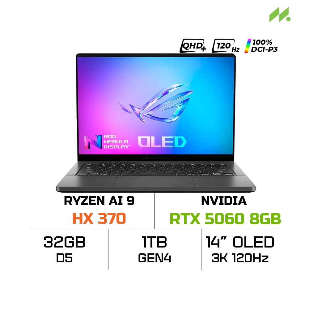 Laptop Gaming Asus ROG Zephyrus G14 GA403WM-QS051WS (Ryzen AI 9 HX 370, RTX 5060 8GB, RAM 32GB LPDDR5X, SSD 1TB, 14 Inch OLED 3K 120Hz 100% DCI-P3, Win 11)