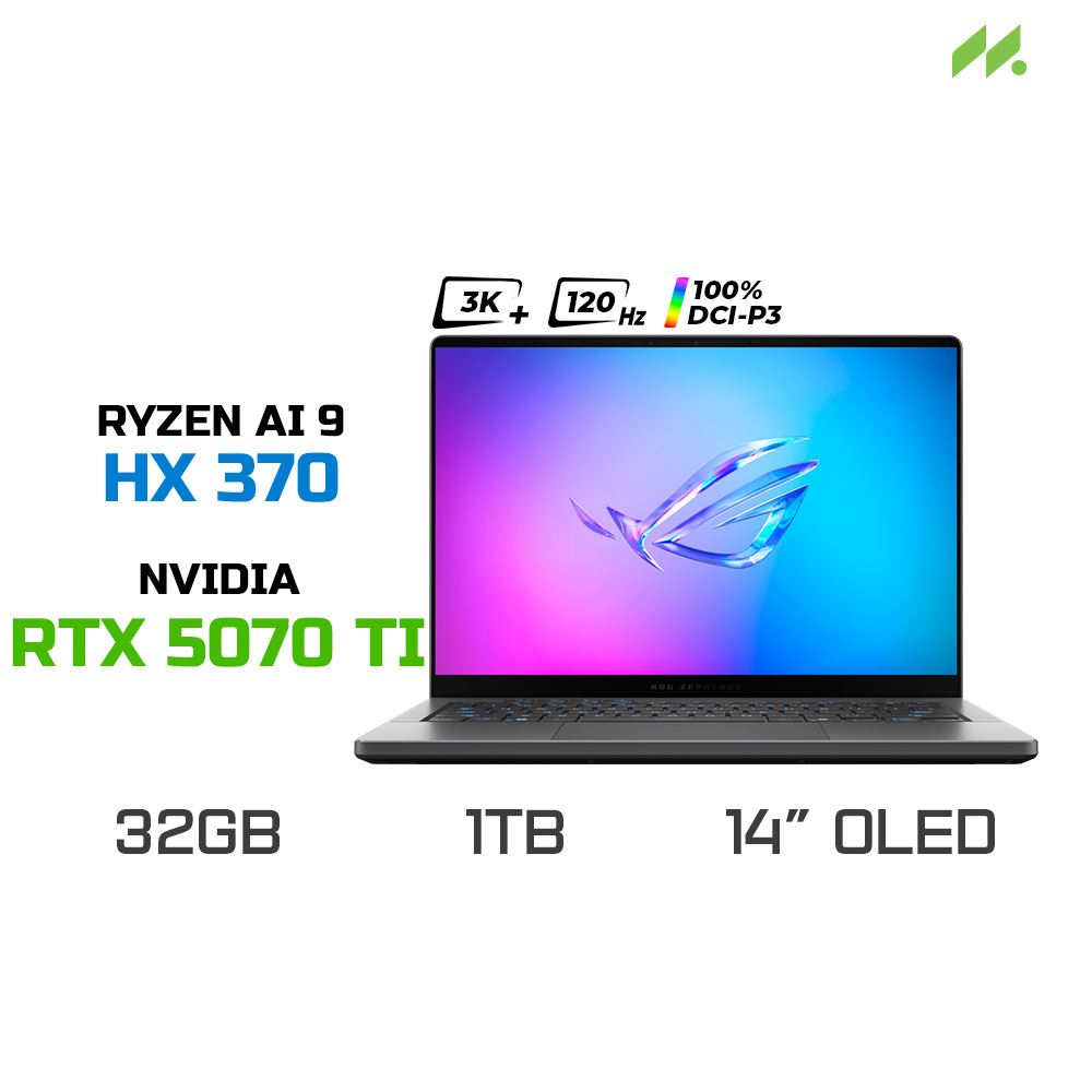 Laptop Gaming Asus ROG Zephyrus G14 GA403WR-QS103WS (Ryzen AI 9 HX 370, RTX 5070 Ti 12GB, RAM 32GB LPDDR5X, SSD 1TB, 14 Inch OLED 3K 120Hz 100% DCI-P3, Win 11/OFFICE2024)