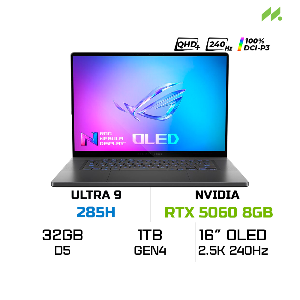 Laptop Gaming Asus ROG Zephyrus G16 GU605CM-QR078W (Ultra 9 285H, RTX 5060 8GB, RAM 32GB LPDDR5X, SSD 1TB, 16 Inch OLED 2.5K 240Hz 100% DCI-P3, Win 11)