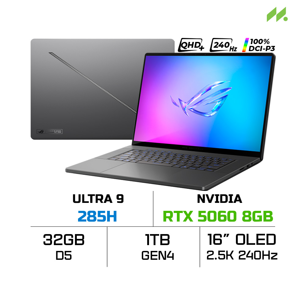 Laptop ASUS ROG Zephyrus G16 GU605CM-QR078W (Ultra 9 285H, RTX 5060 8GB, RAM 32GB LPDDR5X, SSD 1TB, 16 Inch OLED 2.5K 240Hz 100% DCI-P3, Win 11)