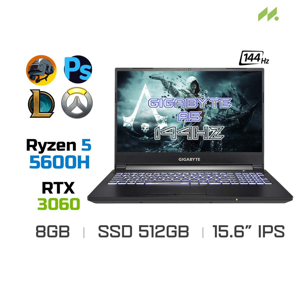 Laptop Gaming Gigabyte A5 K1-AVN1030SB (Ryzen 5 5600H, RTX 3060 6GB, Ram 8GB DDR4, SSD 512GB, 15.6 Inch IPS 144Hz FHD)
