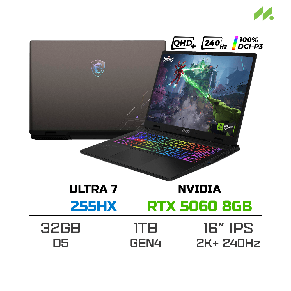 Laptop Gaming MSI Crosshair 16 HX AI D2XWFKG-036VN (Ultra 7 255HX, RTX 5060 8GB, Ram 16GB DDR5, SSD 1TB, 16 Inch IPS QHD+ 240Hz 100% DCI-P3, Win 11)