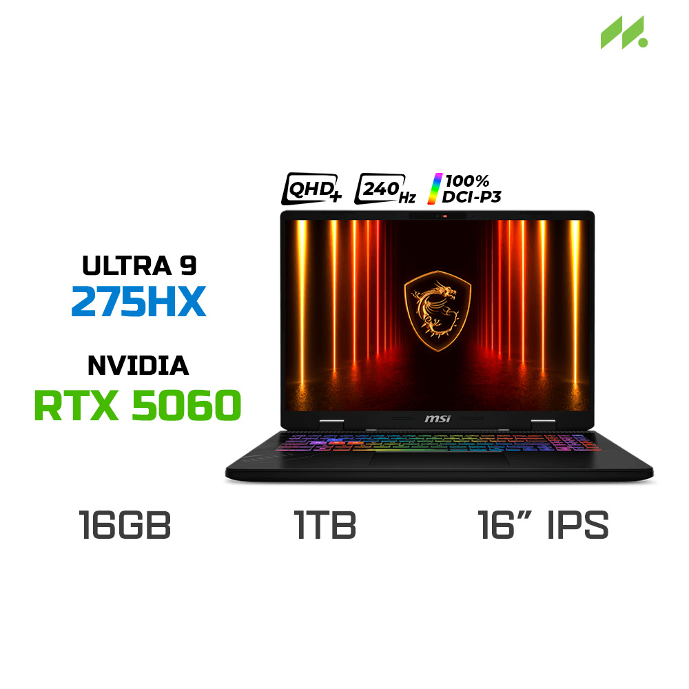 Laptop Gaming MSI Crosshair 16 HX AI D2XWFKG-070VN (Ultra 9 275HX, RTX 5060 8GB, Ram 16GB DDR5, SSD 1TB, 16 Inch IPS QHD+ 240Hz 100% DCI-P3, Win 11)