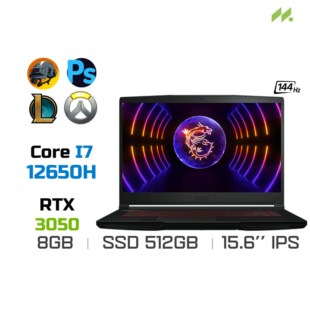 Laptop Gaming MSI GF63 Thin 12UC-887VN (i7-12650H, RTX 3050 4GB, Ram 8GB DDR4, SSD 512GB, 15.6 Inch IPS 144Hz FHD)