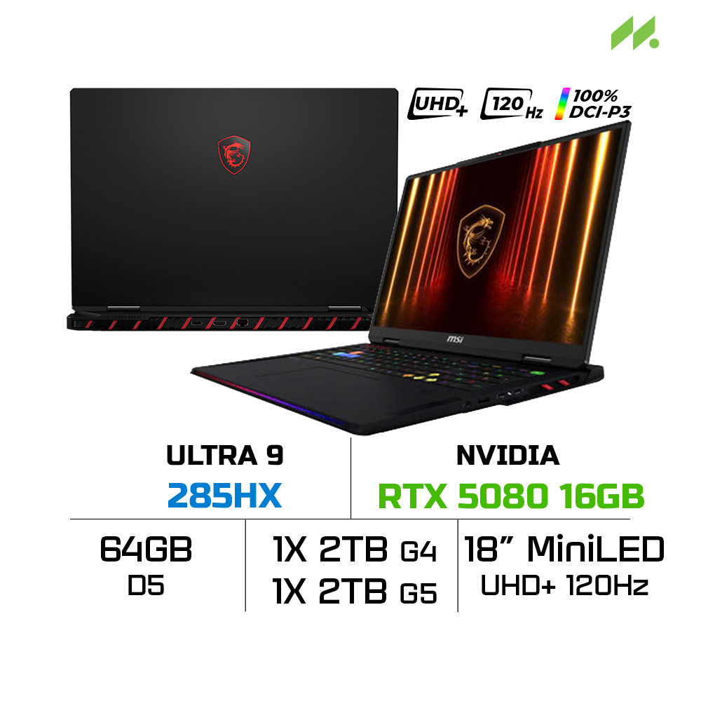 Laptop Gaming MSI Raider 18 HX AI A2XWIG-033VN (Ultra 9 285HX, RTX 5080 GDDR7 16GB, RAM 64GB DDR5, SSD 4TB, 18 Inch MiniLED UHD+ 120Hz 100% DCI-P3)