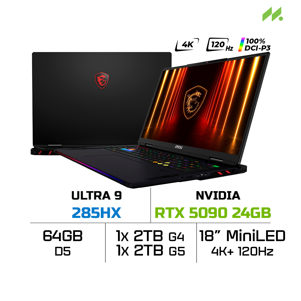 Laptop Gaming MSI Raider 18 HX AI A2XWJG-692VN (Ultra 9 285HX, RTX 5090 GDDR7 24GB, RAM 64GB DDR5, SSD 4TB, 18 Inch MiniLED 4K 120Hz 100% DCI-P3)